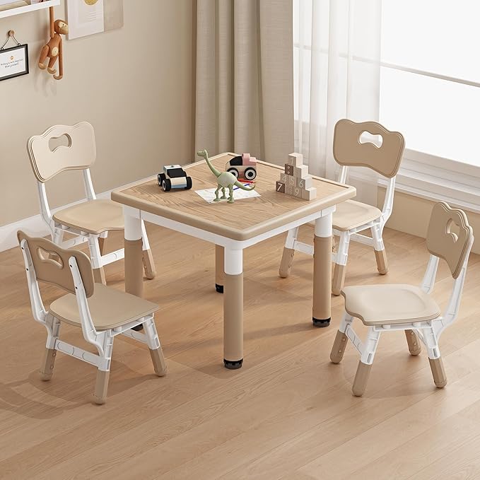 Kid Table and Chairs, Height Adjustable Childrens Table and Chair Set, Kids Tables for Age 2-8, Graffiti Desktop, Table for Kids with 4 Seats, Small Kids Table, Max 300lbs-Ruum Studio Home