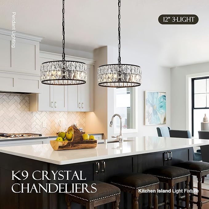 12” 3-Light Modern Crystal Chandeliers Black Dinning Room Light Fixture, Round Pendant Light Kitchen Island Chandelier, Flush Mount Ceiling Light for Living Room Entryway Bedroom Foyer-Ruum Studio Home