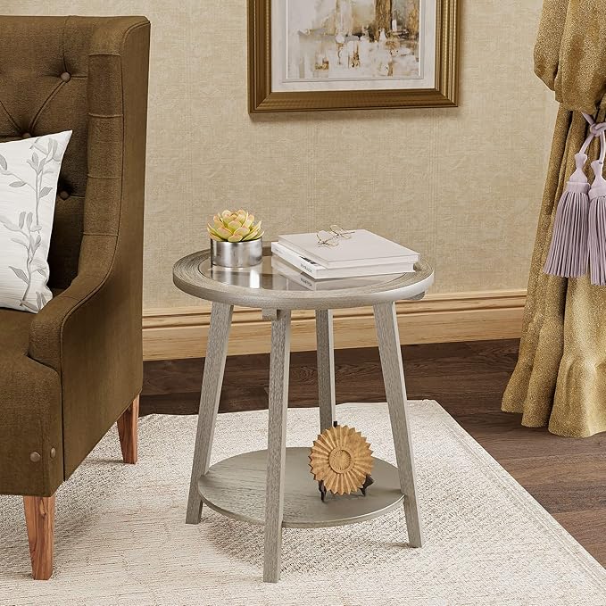 COSIEST 2-Tier End Table with Tempered Glass Top, Round MDF Side Table with Storage Shelf, Modern Wood Accent Table for Bedroom Living Room Home Office, Antique Silver-Ruum Studio Home