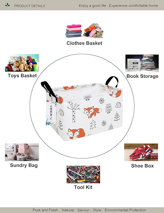 Rectangular Folding Laundry Basket,waterproof Canvas Basket,gift basket,Suitable for children's room,Office,Clothes,Toys Storage（Fox）-Ruum Studio Home