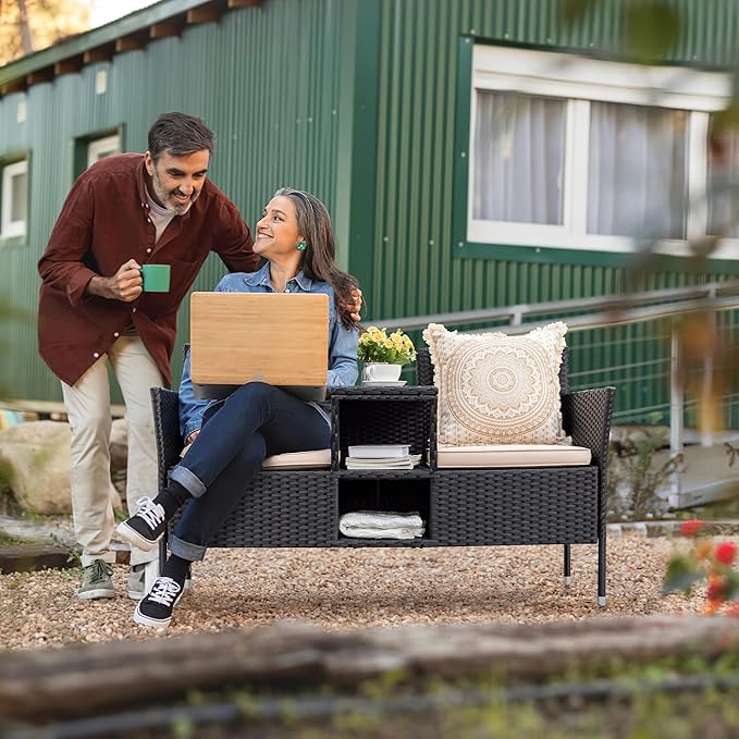 Flamaker Outdoor Furniture Patio Loveseat Wicker 2-Seat with Built-in Table and Cushions Rattan Porch Chairs Bench for Balcony, Lawn, Backyard (Beige)-Ruum Studio Home