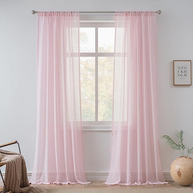 FMFUNCTEX Linen Sheer Curtains for Bedroom, Pink Curtains 96 inches Long for Living Room, Blush Pink Farmhouse French Flax Blend Window Draperies, Rod Pocket 2 Panels Set-Ruum Studio Home