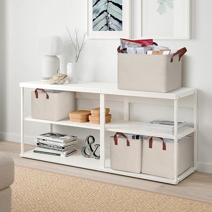 KEEGH Storage Baskets for Organizing, Fabric Storage Bins for Shelves with Leather Handle, Shelf Baskets for Closet Organization Closet Organizer Bins for Clothes, 15" L x 11" W x 10" H, Beige, 4 Pack-Ruum Studio Home
