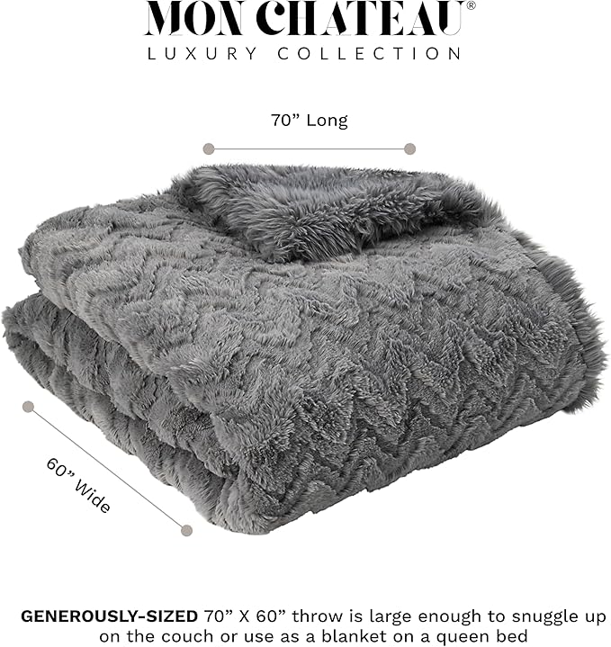 Mon Chateau Grey 3D Jacquard Faux Fur Throw, Plush Luxury Blanket for Couch, Sofa, or Bed, Soft Reversible Throw Blanket for Sleeping, Home & Room Décor, 60" x 70"-Ruum Studio Home