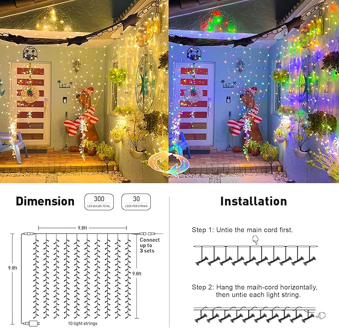 JMEXSUSS 300LED Dual Color Changing Curtain Lights with Remote, 9.8 x 9.8ft Connectable Plug in Christmas String Lights for Bedroom Backdrop Outdoor Decor, Warm White to Multicolor-Ruum Studio Home