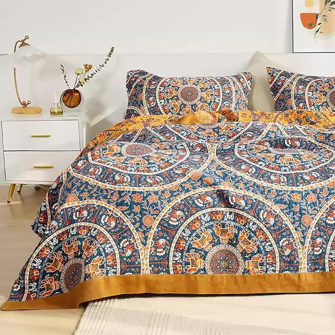 Boho Muslin Blanket for Adults 4-Layer Gauze 80 x 90 Inches Soft Cozy 100% Cotton Summer Cooling Blanket Circle Geometric Decor for Sofa Bed Coverlet Both Sides (A Luck Wheel, 80 x 90 in)-Ruum Studio Home