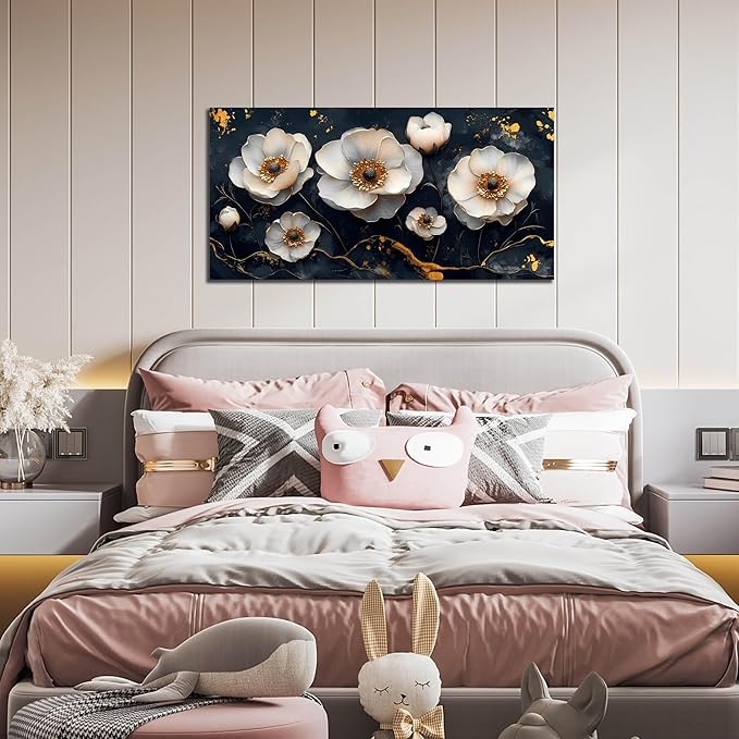 White Flower Wall Canvas Art for Bedroom - Black and White Wall Art for Living Room - Home Office Decor Wall Size 20" x 40"-Ruum Studio Home