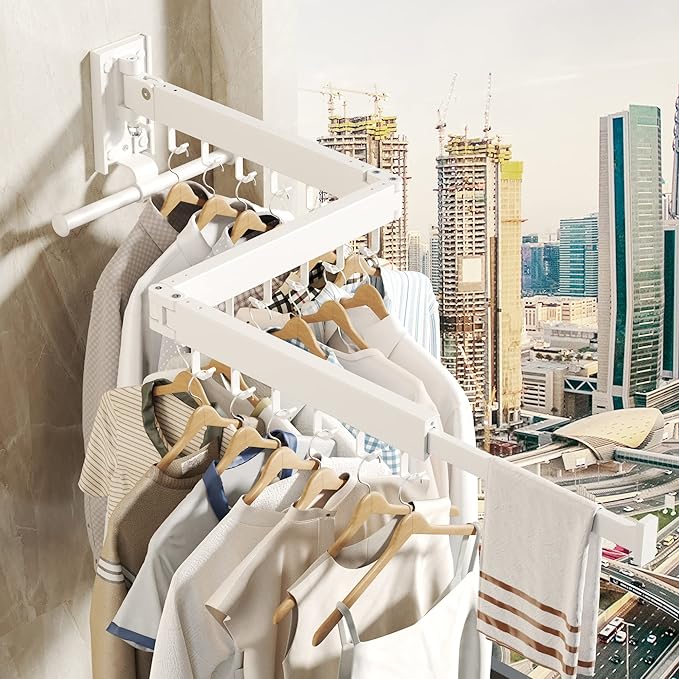 Wall Mounted Clothes Hanger Rack, Clothes Drying Rack,Laundry Drying Rack,Collapsible Clothes Rack Wall Mount, Retractable Drying Rack Clothing,can Fold Upward & Left & Right,White Color-Ruum Studio Home