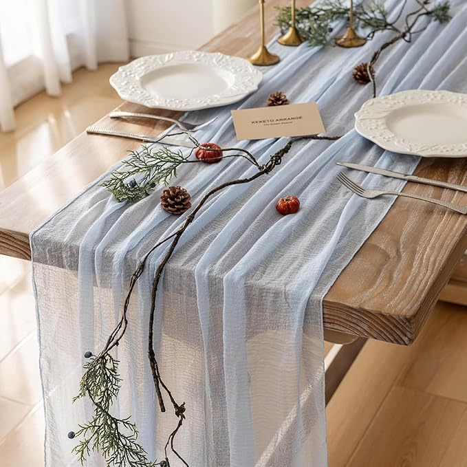 3pcs Light Blue Gauze Rustic Cheesecloth Table Runner 120 Inch 10 FT for Wedding Baby Shower Bridal Shower Birthday Engagement Garden Outdoor Party Long Sheer Boho Decorations-Ruum Studio Home