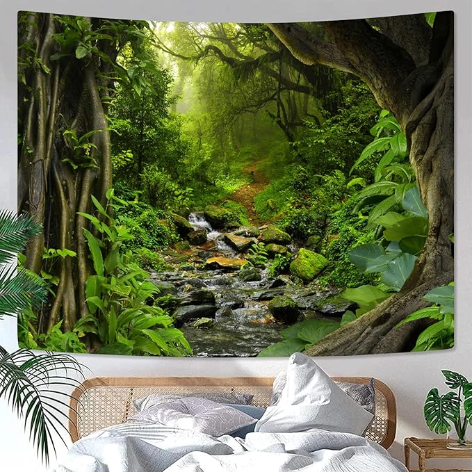 AMM Green Rainforest Tapestry Nature Forest Tapestry for Bedroom Aesthetic Misty Tropical Jungle Trees Flowing Stream Landscape Tapestries Wall Hanging for Living Room Dorm 90 x 68 Inch-Ruum Studio Home