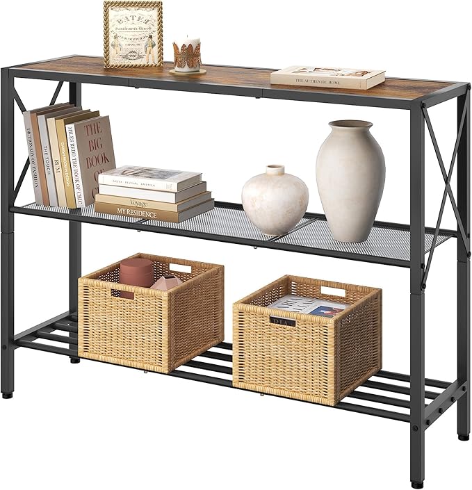 Hoctieon Industrial Console Table, 3 Tier Entryway Table, Hallway Table, Narrow Sofa Table with Shelves, Entrance Table for Entryway, Living Room, Foyer, Hallway, Office, Rustic Brown&Black-Ruum Studio Home