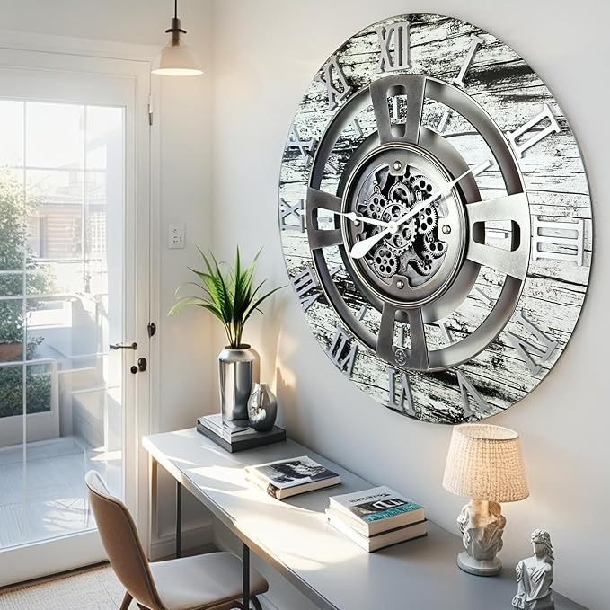 The Gears Clock 24'' Inch Real Moving Gear Wall Clock England Line (Grey & White, 24 inches (60 cm))-Ruum Studio Home