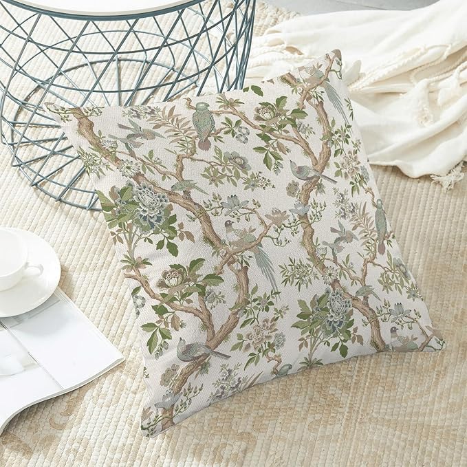 CXMEIFLY Chinoiserie Spring Pillow Covers 20 x 20 Inch Set of 2 for Sage Green Blue Vintage Flowers Bird Decor Throw Pillows Plant Farmhouse Outdoor Decorative Cushion Cases for Couch Bed Decorations-Ruum Studio Home