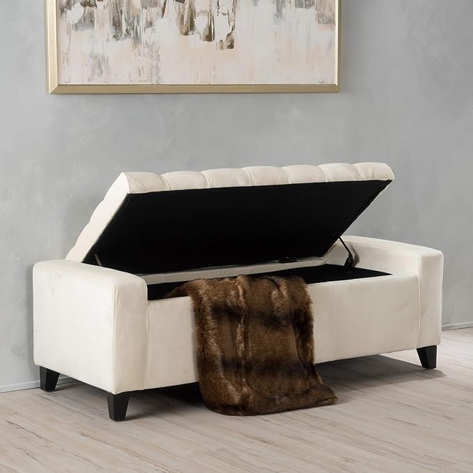 Christopher Knight Home Hikaru Velvet Storage Ottoman, Ivory 19.75”D x 50.00”W x 17.48”H-Ruum Studio Home