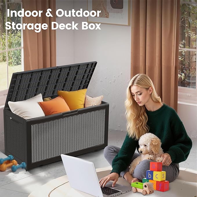 100 Gallon Storage Box, Waterproof Resin Deck Box with Hydraulic Piston Design, Lockable Storage Bench for Package Delivery, Storage Bin for Patio Cushions, Garden Tools, Black-Ruum Studio Home