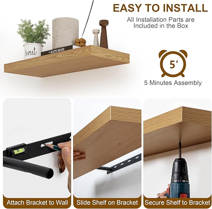 Fun Memories Floating Shelves, 8 Inch Deep Floating Shelves for Wall, 8 x 8 Wall Shelves, Rustic Wood Floating Shelf for Living Room, Bedroom, Bathroom, Oak Color, Set of 2-Ruum Studio Home