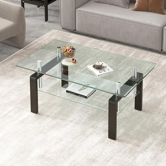 Glass Coffee Table Rectangle Living Room Center Table, with Tempered Glass Tabletop Black Metal Leg,for Living Room and Office (Dou-Clear Glass)-Ruum Studio Home