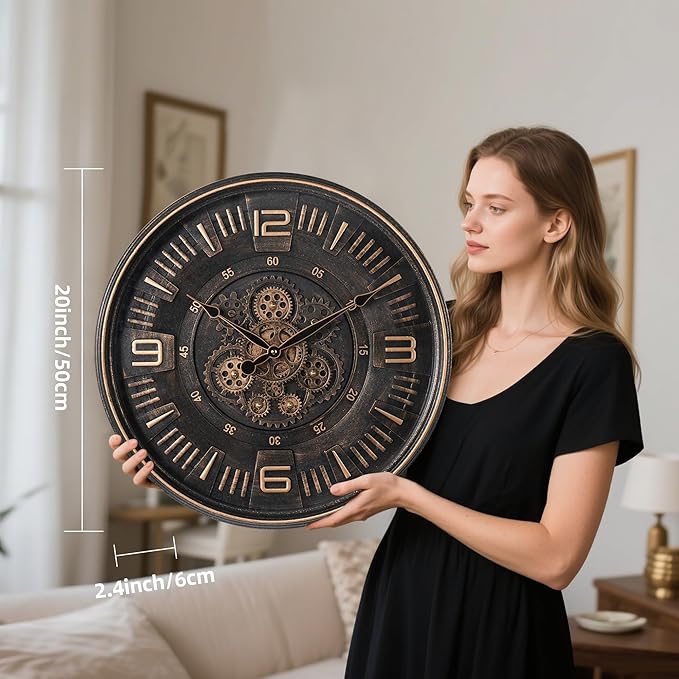 Maxstar Large Vintage Moving Gear Wall Clock, 20''Battery Operated Industrial Steampunk Metal Decor for Living Room, Office,Fireplace, Farmhouse(Arabic Number-Bronze)-Ruum Studio Home