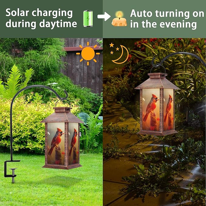 Solar Lanterns Outdoor, Waterproof Cardinal Garden Hanging Lanterns with LED Flickering Flameless Candles, Lantern Decor Birthday Gifts for Women Mom Grandma-Ruum Studio Home