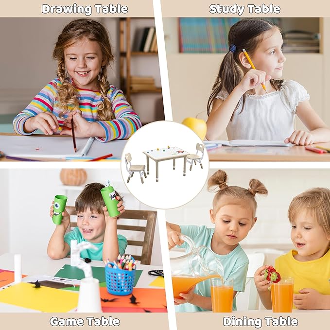 Kids Table and 2 Chairs Set, Height Adjustable (17.7"-26.1") Toddler Table and Chair Set, Multi-Activity Table with Graffiti Desktop, Children’s Table and Chairs for Classroom, Home & Daycare-Ruum Studio Home