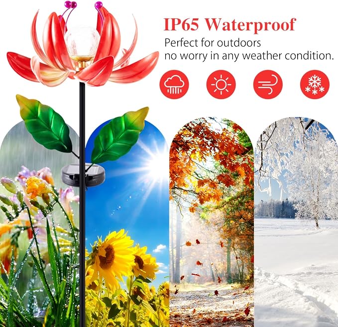 Solar Lights Outdoor Garden Decor, Solar Wind Spinner Yard Decorations for Outside, Lotus Windmill Pathway Lights with LED Cracked Crystal Ball Waterproof Flower Sculpture for Patio Lawn Garden Gifts-Ruum Studio Home