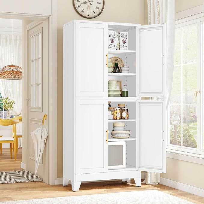 75.2" Tall Metal Pantry Cabinet, Kitchen Pantry Storage Cabinets with 4 Door and 4 Adjustable Shelves, White Storage Cabinet, Freestanding Cupboard for Kitchen Dining Room Living Room Bathroom-Ruum Studio Home