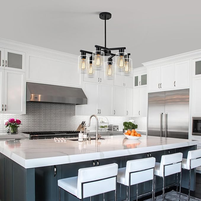6-Light Modern Farmhouse Black Chandelier, Dining Room Light Fixture Over Table Adjustable Height Hanging Industrial Pendant Lights Kitchen Island, Clear Glass Shade-Ruum Studio Home
