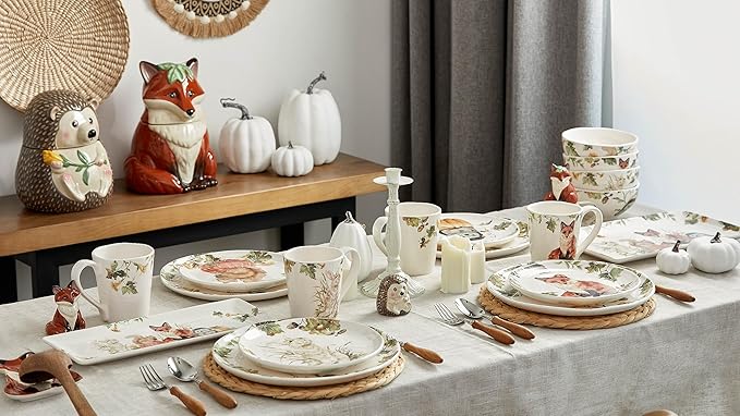 Bico Woodland Critters Dinner Plates Set of 4, 11 Inch Large Ceramic Plates for Pasta, Steak, Stylish Serving Dishes, Microwave and Dishwasher Safe, Gift for Housewarming and Thanksgiving-Ruum Studio Home