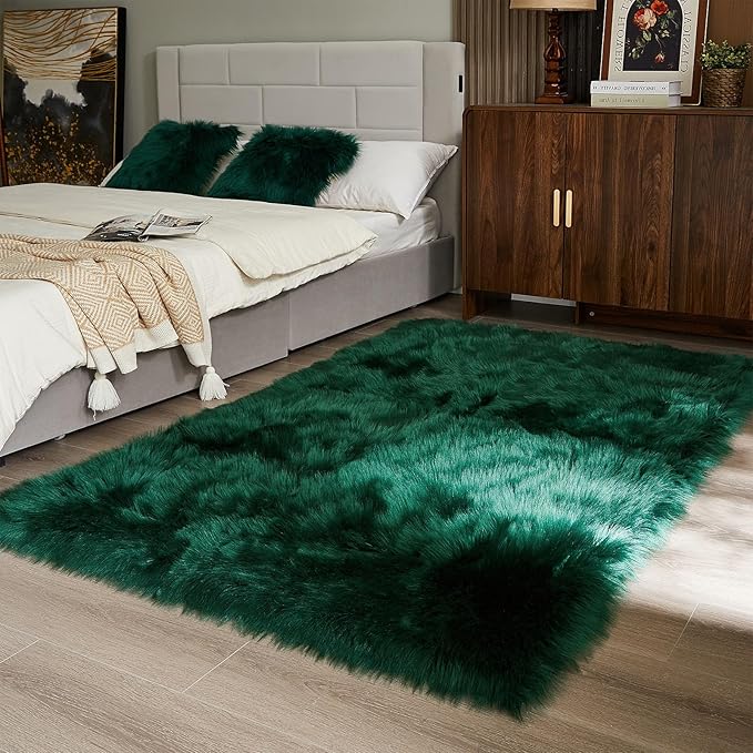 AMTOVO Faux Fur Sheepskin Rug for Living Room, 4 x 6 ft Dark Green Fluffy Area Rug for Bedroom, Playroom, Luxury Room Decor, Rectangle-Ruum Studio Home