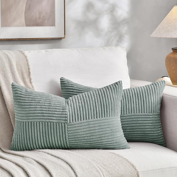 Fancy Homi 2 Packs Grey Blue Long Lumbar Decorative Throw Pillow Covers 16x24 Inch for Couch Bed Sofa, Rustic Farmhouse Boho Home Decor, Soft Striped Corduroy Rectangle Accent Cushion Case 40x60 cm-Ruum Studio Home