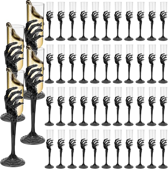 Bokon 48 Pcs Halloween Champagne Flutes Bulk Plastic Stemware Halloween Skeleton Hand Plastic Goblets Creepy Champagne Flute for Party Decoration(Black)-Ruum Studio Home