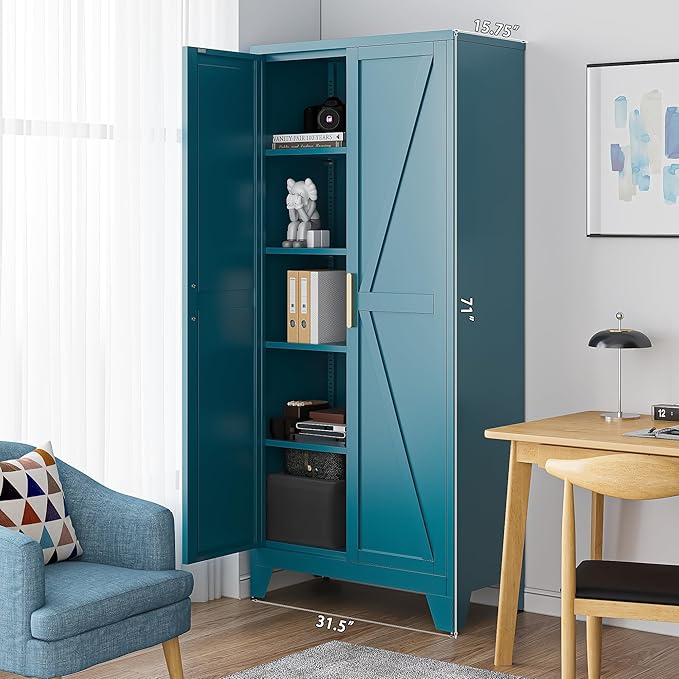 71'' Farmhouse Metal Storage Cabinet with Barn Doors,Steel File Cabinet for Home Office,Kitchen Pantry 4 Adjustable Shelves,Freestanding Cupboard for Kitchen,Home Office (Peacock Blue)-Ruum Studio Home
