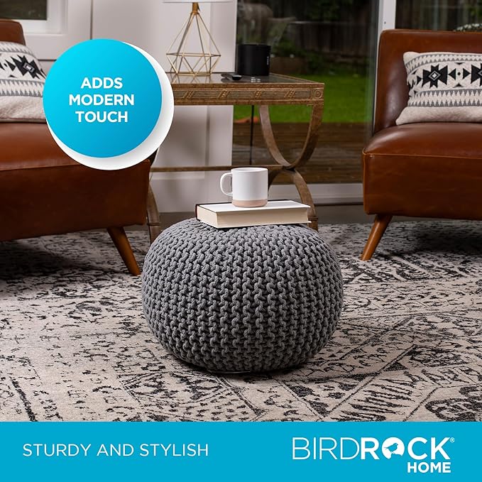 BIRDROCK HOME Round Pouf Ottoman | Cotton Braided Foot Stool with Bean Bag Filling | Boho Foot Rest for Living Room & Bedroom | Compact & Comfortable Seating, Lightweight & Soft | Light Grey-Ruum Studio Home