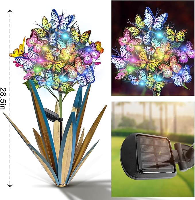 Homight Solar Metal Agave Butterfly Flower Stick Garden Sculpture - Outdoor Christmas Lights With Swaying Butterfly Sunflower - Solar Outdoor Gift (3 PCS Blue)-Ruum Studio Home