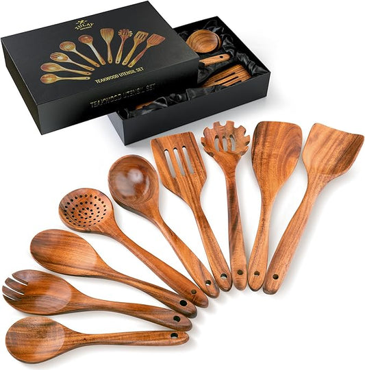 Zulay Kitchen 9-Piece Teak Wooden Utensils for Cooking - Natural Teak Utensil Set with Premium Gift Box - Non-Stick Wooden Spoons for Cooking - Kitchen Gift Set - Comfortable Grip Wooden Utensil Set-Ruum Studio Home