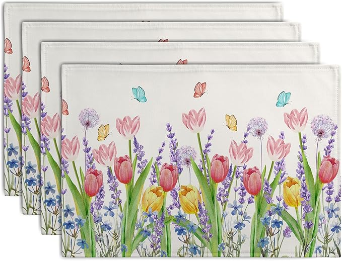 Tulip Placemats Set of 4 Spring Summer Flowers Tulips Lavender Place Mats Watercolor Floral Dandelion Butterfly Non-Slip Heat Resistant Washable Linen Table Mats for Dining Table Kitchen Decor-Ruum Studio Home