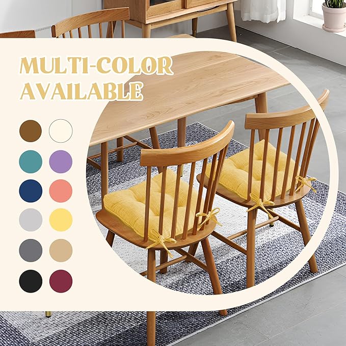 puredown® Chair Cushions for Dining Chairs, Tufted Memory Foam Chair Pads with Non-Slip Backing, Kitchen Seat Cushions with Ties, Washable Pads Set of 4, 15.5" x 15.5" x 4", Yellow-Ruum Studio Home