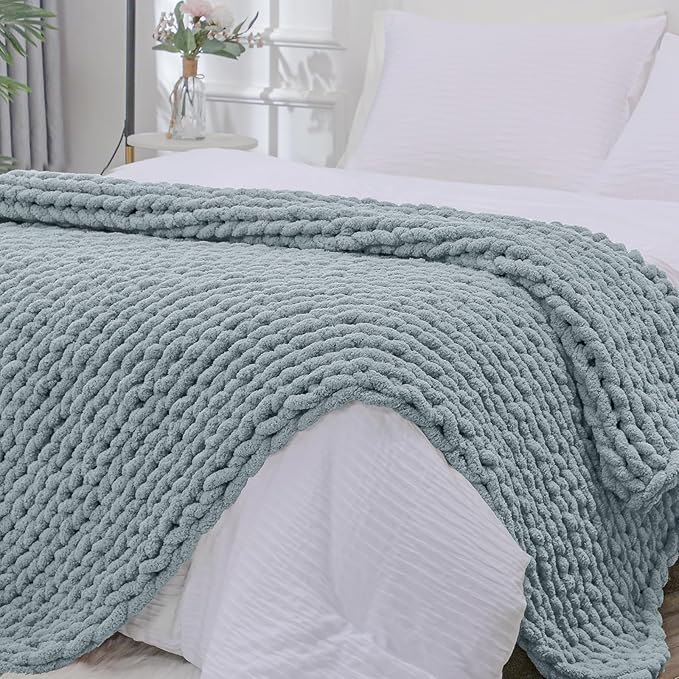 Bigacogo Chunky Knit Throw Blanket for Couch, 51x63 inches, 100% Hand Knitted with Thick Jumbo Chenille Yarn, Cozy Soft Large Rope Knot Cable Crochet Blankets for Sofa Bed Living Room, Dusty Blue-Ruum Studio Home