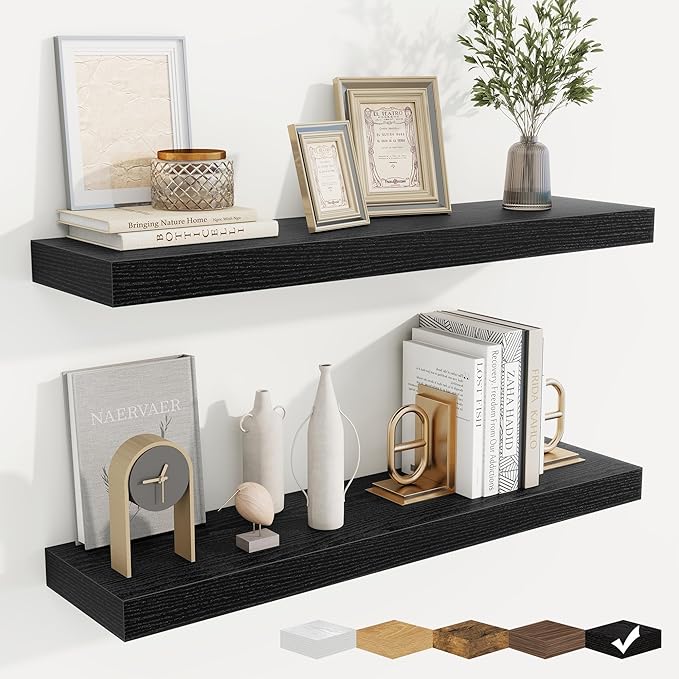 fuqing Floating Shelves for Wall, Bathroom Shelf Wall Mounted for Storage, Shelves with Invisible Bracket for Bedroom, Kitchen, Living Room, Farmhouse Small Book Shelf, 32 Inch Set of 2, Black-Ruum Studio Home