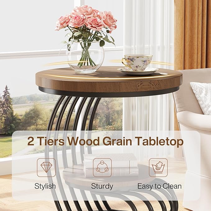 Tribesigns Round End Side Table: Side Table with 2 Tiers Storage Shelves, Vintage End Table for Living Room, Small Bedside Table Accent Table with Arc-Shaped Frame, Light Brown-Ruum Studio Home