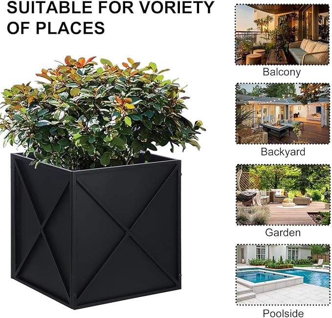 SUNNYPARK Large Metal Planter Box 17”x 17”x 18”, Square Modern Black Metal Planter Box Heavy Duty with Drainage Holes for Outdoor Garden Patio-Ruum Studio Home