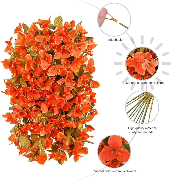 Bougainvillea Artificial Flowers Plants for Outdoors Outside Fall Autumn Decor, 2 pcs Faux Silk Long Trailing Vines UV Resistant Look Real Orange Fake Flowers for Front Door Porch Planter Urn Patio-Ruum Studio Home