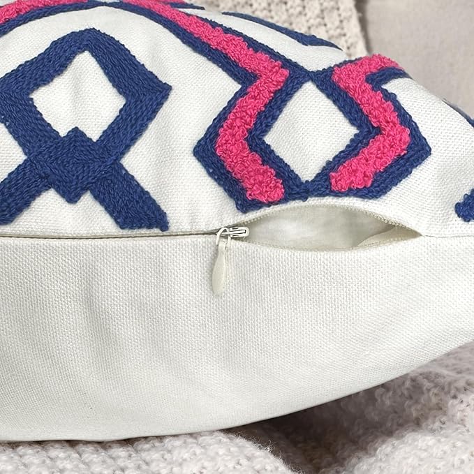 Alysheer Embroidered Decorative Throw Pillow Cover 18"x 18" Set of 2, Classic Boho Geometric Embroidery Pattern Cotton Rectangular Cushion Case for Sofa Couch Living Room Bedroom (Blue Pink)-Ruum Studio Home