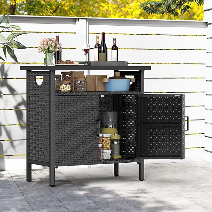 DWVO Patio Storage Cabinet, Outdoor Buffet Cabinet with Two Doors and Shelves, Outdoor Storage Bar Table with PE Rattan for Patio, Backyard, Garden - Black-Ruum Studio Home