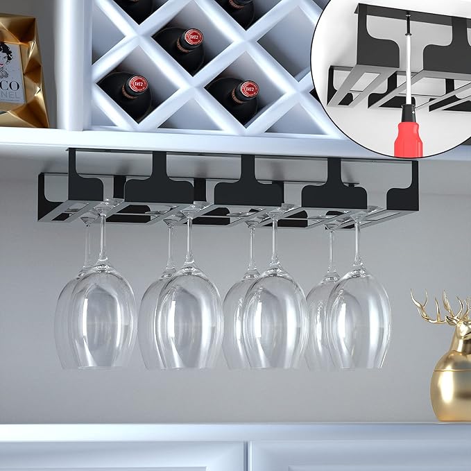 Wine Glass Rack - Under Cabinet Stemware Wine Glass Holder Glasses Storage Hanger Metal Hanging Organizer for Bar Kitchen, Black 4 Rows 2 Packs-Ruum Studio Home