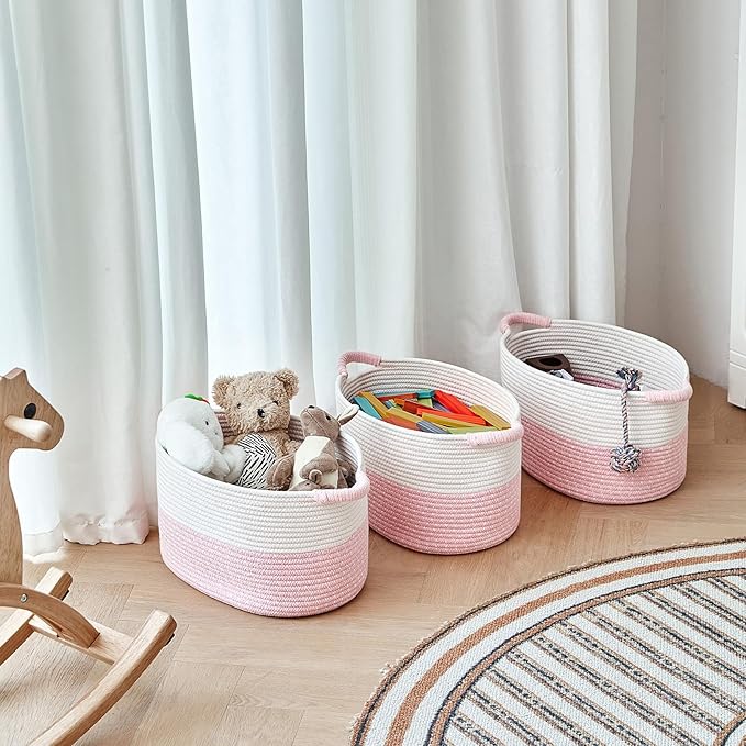 Storage Baskets for Organizing | 15"x10.2"x9.1" - 1 Pack Nursery Bin with Handles - Woven Cotton Rope Baskets for Dog Toys, Books, Shelf, Bathroom,Closet -Pink Basket for Girls-Ruum Studio Home