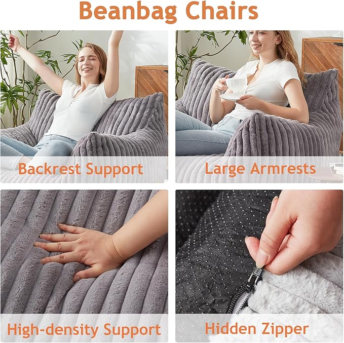 Giant Bean Bag Chairs for Adults with Filling Plush Fluffy Bean Bag Chairs for Teens with Armrests Comfy BeanBag Lazy Couch Sofa Chair for Bedroom Living Room Reading-Ruum Studio Home