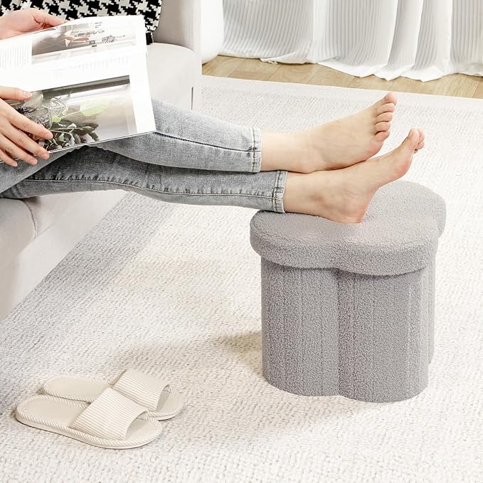 B FSOBEIIALEO Storage Ottoman Cube, Flowers Shaped Ottomans with Storage Foot Stool Footrest for Lving Room, Boucle Ottoman Seat for Dorm Room,Faux Teddy Fur, Grey 12.6"x12.6"x12.6"-Ruum Studio Home