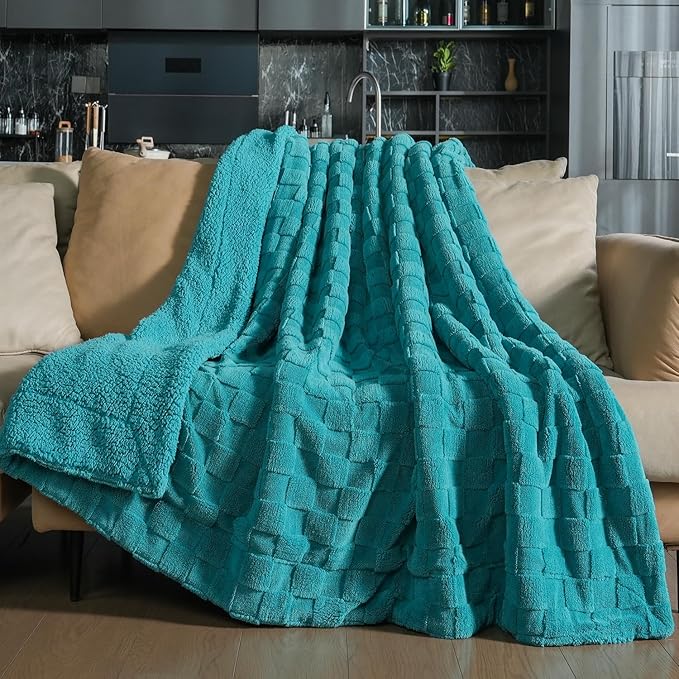 Pawque Super Soft Cozy Throw Blanket for Couch Bed - Fluffy Sherpa Fleece Reversible Thick Warm Fuzzy Blanket for All-Season, 3D Checkered Jacquard Elegant Decorative Blankets, Teal Green, 50" x 60"-Ruum Studio Home