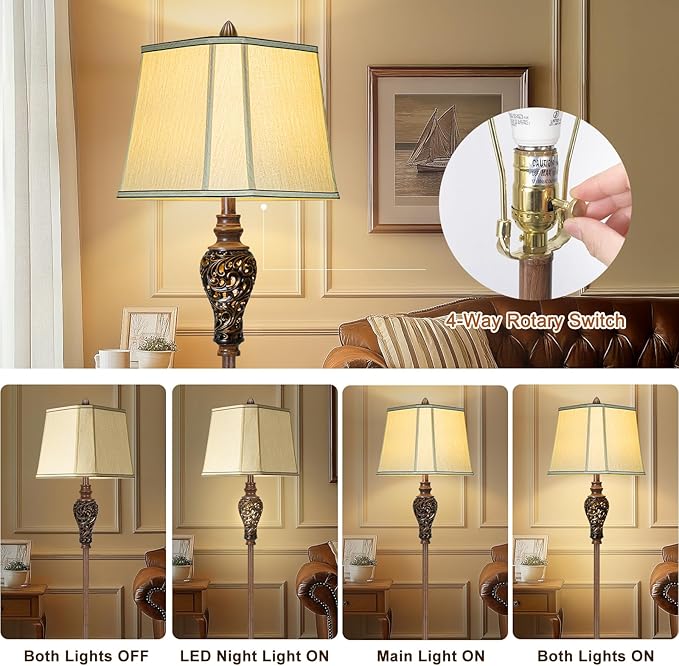 Vintage Floor Lamp with Nightlight, 65" Rustic Standing Lamp with Beige Faux Silk Shade, Farmhouse Style Design Tall Lamp Decor for Living Room Bedroom Study Home Office Corner- Bronze (Bulb Included)-Ruum Studio Home